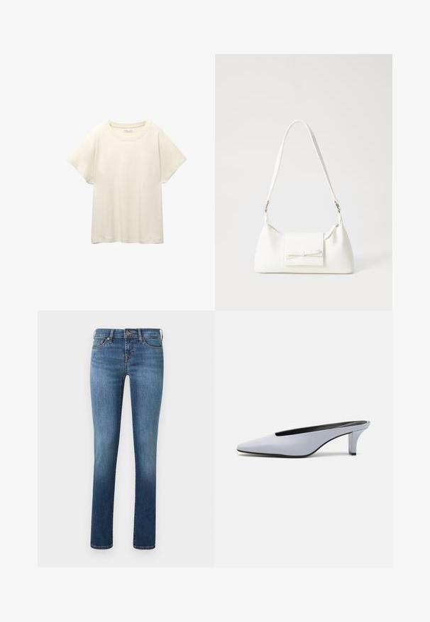 Svetlo bež kratkosleeven majica s okroglim ovratnikom, izdelana iz mehke, gladke tkanine. Ima sproščen kroj in raven rob.; Modre kavbojke z ravnim krojem, ki vključujejo svetlo zbledelost, pet žepov in en gumb za zapiranje v pasu.; Svetlo modre lakirane mule s poudarjenim nosom, nizkim prozornim petam in elegantnim dizajnom z izrezom na sprednjem delu.; Bela sintetična torbica v obliki trikotnika, z ravnim sprednjim poklopcem in detajlom mašne, nastavljivim trakom, gladko teksturo in minimalističnim dizajnom.