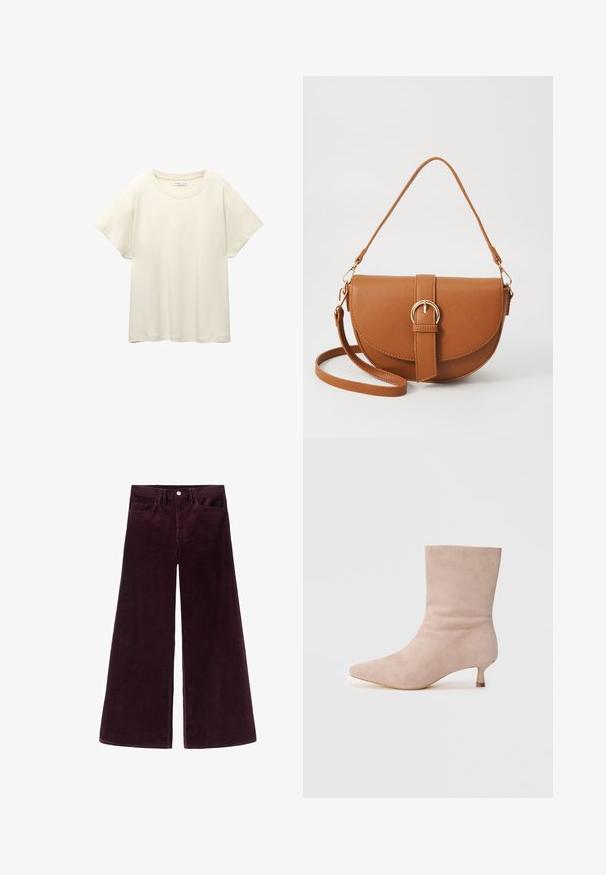 Helles beige T-Shirt mit kurzen Ärmeln und Rundhalsausschnitt, aus weichem, glattem Stoff gefertigt. Verfügt über eine lockere Passform und einen geraden Saum.; Weite Cordhosen in tiefem Burgund, mit hohem Bund, Knopfverschluss und klassischem Fünf-Taschen-Design sowie gerippter Textur.; Beige Wildleder-Stiefelette mit einer spitzen Zehenform und einem niedrigen Kitten-Absatz. Glatte Textur mit einer eleganten Silhouette und minimalistischem Design.; Braune Leder-Crossbody-Tasche mit geschwungener Form, goldfarbenen Beschlägen und einer Schnallenakzentuierung. Verfügt über einen abnehmbaren Schultergurt.