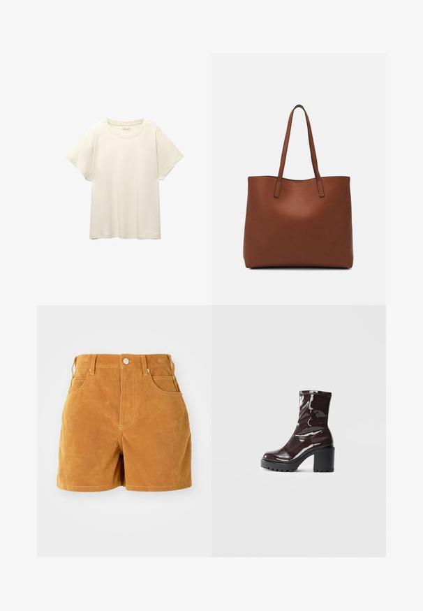 Ljus beige kortärmad t-shirt med rund halsringning, tillverkad av mjuk, slät tyg. Har en avslappnad passform och rak nederkant.; Bruna mockakorts med hög midja, framknapp, bältesöglor och femfickdesign på en enfärgad vit bakgrund.; Glansig bordeauxfärgad ankelsko med en kraftig svart klack, som har en slät yta och enkel design. Inga synliga stängningar eller mönster.; Brun läder tote-väska med en slät textur, öppen toppdesign och två axelremmar. Har minimal söm och ingen synlig metalldetalj.