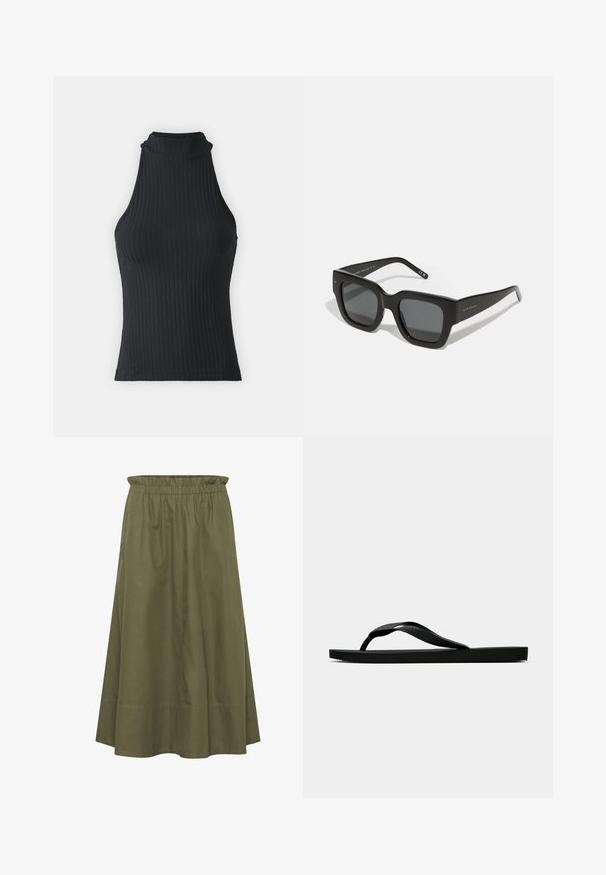 Mustat ribbiliivit, joissa on korkeakauluksellinen malli ja hihattomuus, istuva muotoilu ja joustava kangas sekä hienovarainen tekstuuri ja reunat, jotka on huoliteltu.; Vihreä oliivinvärinen puuvillahame, jossa on joustava vyötärö, polvipituinen muotoilu ja sivutaskut. Sileä pinta ja yksinkertainen, virtaava muoto.; Musta kumisaapas sandaali, jossa on teksturoitu thong-hihna ja yksinkertainen litteä pohja, esitetty sivustolta vaalealla taustalla.; Musta neliön muotoiset aurinkolasit tummilla linsseillä, paksusta muovista valmistettu runko ja tyylikkäät templet. Sivussa on hienostunut brändäys.; Mustan tekokrokotiilinnahkainen käsilaukku, jossa on jämäkkä muotoilu, kultaiset yksityiskohdat, ylhäällä oleva kahva ja magneettinen läppäklipsi.