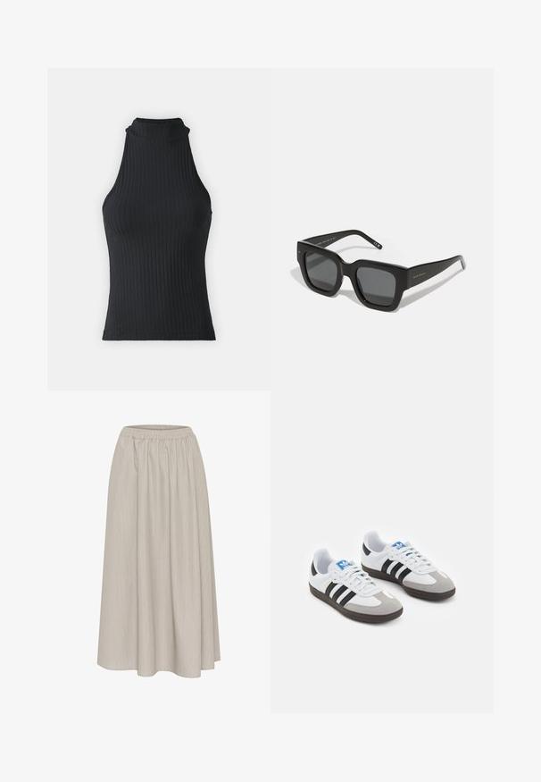 Haut sans manches noir à col montant, avec une coupe ajustée et un tissu extensible, présentant une texture subtile et des bords ourlés.; Jupe midi grise claire avec une taille élastique, présentant de subtils rayures verticales et une texture fluide et douce.; Baskets avec une tige en cuir blanc, un bout en daim gris et trois bandes noires. Présente un logo bleu sur la languette et une semelle en caoutchouc texturée.; Lunettes de soleil noires en forme carrée avec des verres sombres, une monture en plastique épaisse et des tempes élégantes. Présente un marquage subtil sur le côté.; Sac à main en simili-crocodile noir avec un design structuré, des ferrures dorées, une poignée supérieure et un système de fermeture à rabat magnétique.
