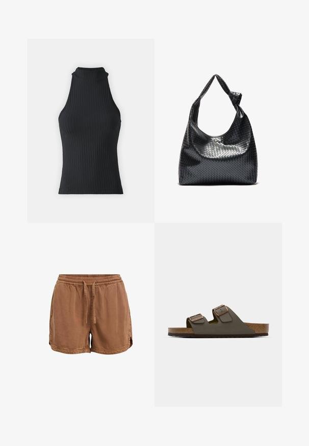 Haut sans manches noir à col montant, avec une coupe ajustée et un tissu extensible, présentant une texture subtile et des bords ourlés.; Shorts marron en tissu doux, avec une taille élastique, un cordon de serrage réglable et des poches latérales. Ourlet avec petites fentes sur les côtés.; Sandale à enfiler vert foncé avec deux sangles réglables et des éléments en cuivre, dotée d'une semelle en liège et d'une semelle en caoutchouc texturée.; Sac à main en cuir tissé noir au design décontracté, avec une sangle nouée et une petite clou doré décoratif en haut.