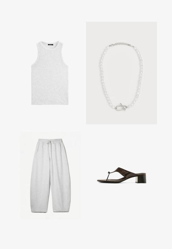 Lys grå ærmeløs tanktop lavet af blødt bomuld, med en rund halsudskæring og en glat tekstur med minimal sømdetaljering.; Lysegrå sweatpants med en afslappet pasform, elastisk talje, snøre og sidelommer; lavet af blødt, struktureret stof.; Mørkebrune lædersandaletter til kvinder med hæl, lav blokhælkonstruktion og en tynd tårem på en hvid baggrund.; Hvid perlekæde med varierede former og størrelser, med en sølv toggle-lukning. Glat tekstur med skinnende finish.