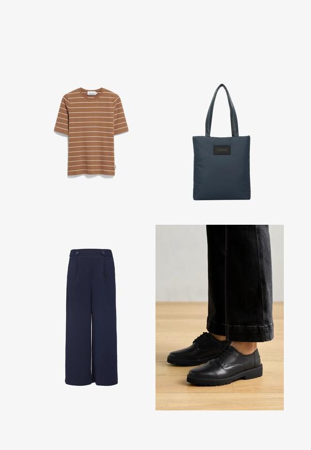 Bruine katoenen t-shirt met witte horizontale strepen, korte mouwen en een ronde hals. Bevat een merkembleem op de binnenkant van de hals.; Marine wijde broek, polyester mix, met een hoge tailleband met twee knopen, voorkant plooien en een gladde, gestructureerde afwerking.; Zwarte leren veterschoenen met een gladde textuur, ronde neus en een dikke rubberen zool, gecombineerd met cropped donkere spijkerbroeken.; Marineblauwe draagtas van glad nylon, met twee gestructureerde handvatten en een zwart rechthoekig logo-opdruk op de voorkant.