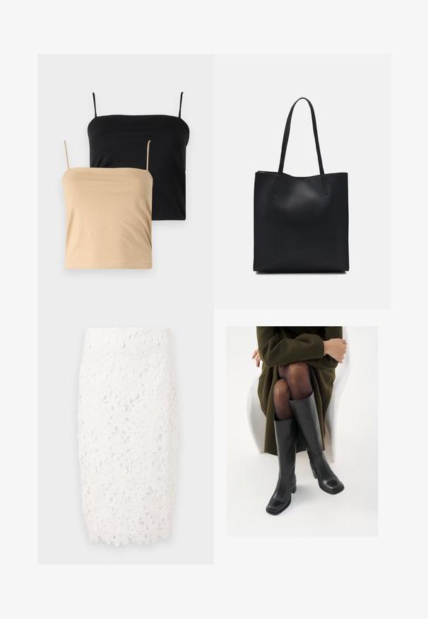 Duas blusas de alças, uma em preto e outra em bege. Feitas de um material macio e elástico com finas alças de espaguete e um corte ajustado.; Saia lápis branca em renda com padrões florais, silhueta ajustada e bainha em forma de escalope para um detalhe adicional. Feita de um material de renda delicada.; Botas de couro pretas até ao joelho com biqueira quadrada e salto em bloco, apresentadas com um modelo sentado num casaco verde-azeitona. Textura lisa, com detalhes mínimos.; Bolsa tote preta em couro com textura lisa, forma retangular e duas alças longas. Sem hardware ou enfeites visíveis.
