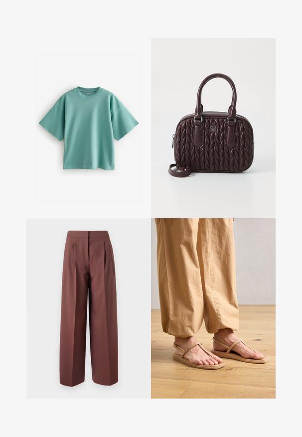 Menta zöld, oversize póló, puha pamutból készült, kerek nyakkivágással és rövid ujjakkal. Sima textúrájú, minta vagy díszítés nélkül.; Barna, bő szabású nadrág magas derékkal, elöl redőkkel, szabott kialakítással és sima szövettextúrával.; Beige pántos szandál lapos talppal, minimalisták, keskeny pántokkal, laza, világos színű nadrággal párosítva, fából készült padlón.; Burgundi bőr kézitáska steppelt mintával, dupla felső fogantyúval és levehető pánttal. Ezüstszínű hardverrel és dombornyomott logóval rendelkezik.