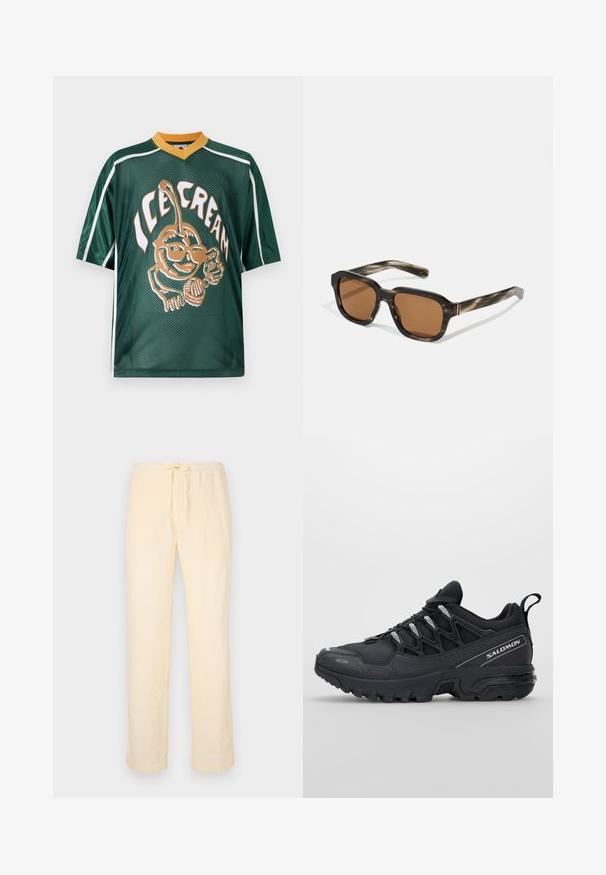 Zelený síťovaný dres s velkým grafickým motivem zmrzliny v oranžové a bílé barvě, se žlutým límcem a bílými detaily na rukávech.; Světlé žluté, volné kalhoty vyrobené z měkké tkaniny, s elastickým pasem a šňůrkou a rovnými nohavicemi.; Černé sportovní boty s síťovaným svrškem, gumovou podrážkou a reflexními detaily. Mají polstrovanou podrážku a design se šněrováním.; Plastové sluneční brýle s želvovinovým vzorem, osmiúhlé hnědé čočky a tenké zlaté kovové detaily na rámu.