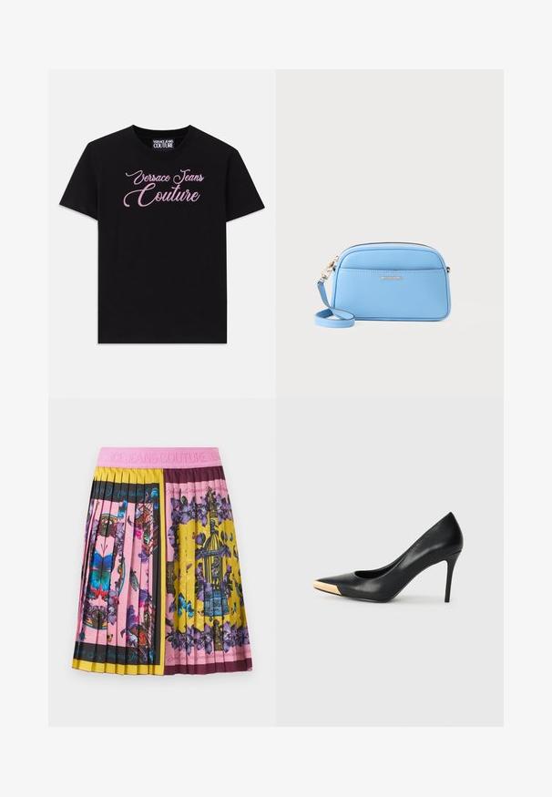 Μαύρη βαμβακερή μπλούζα με κοντά μανίκια, διακοσμημένη με ροζ στρας που απεικονίζει το κείμενο "Versace Jeans Couture" στο στήθος.; Φούστα πλισέ με ροζ ζωνάκι, ζωντανά σχέδια με πεταλούδες, λουλούδια και κλουβιά πουλιών σε ροζ, κίτρινο, μωβ και μαύρους χρωματικούς μπλοκ.; Μαύρη δερμάτινη γόβα με ψηλό τακούνι και μυτερή μύτη. Διαθέτει μεταλλική χρυσή λεπτομέρεια στο καπάκι της μύτης. Λείο επιφάνεια με κομψό σχέδιο.; Φωτεινό μπλε δερμάτινο τσάντα σώματος με χρυσές λεπτομέρειες, κλείσιμο με φερμουάρ και μπροστινή τσέπη. Διαθέτει ρυθμιζόμενο λουράκι για ευκολία.