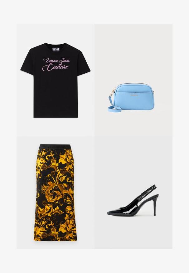 Fekete, rövid ujjú pamut póló, melyen rózsaszín strasszkövekkel díszített "Versace Jeans Couture" felirat található a mellkas területén.; Fekete szoknya élénk arany virágmintával, puha anyagból készült, rugalmas fekete derékkal, amelyen a márka logója látható.; Fekete lakk bőrből készült slingback sarokcipő, hegyes orral, amelyen kivágott rész található, és rugalmas pánt, amelyen a márkaneve van gravírozva.; Világoskék bőr keresztpántos táska aranyszínű fémszerelvényekkel, cipzáras záródással és elülső zsebbel. Állítható pánttal rendelkezik a kényelmes viselet érdekében.