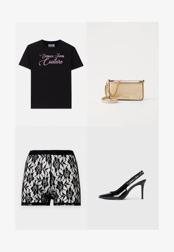 Fekete, rövid ujjú pamut póló, melyen rózsaszín strasszkövekkel díszített "Versace Jeans Couture" felirat található a mellkas területén.; Fekete csipkés rövidnadrág, virágmintával és kontrasztos, egyszínű fekete derékkal. Átlátszó dizájn, puha tapintással, combközép hosszúságban.; Fekete lakk bőrből készült slingback sarokcipő, hegyes orral, amelyen kivágott rész található, és rugalmas pánt, amelyen a márkaneve van gravírozva.; Fémes arany bőr clutch táska textured felülettel, arany lánc pánttal és levehető vállpánttal. Márkájának logója debösszel.