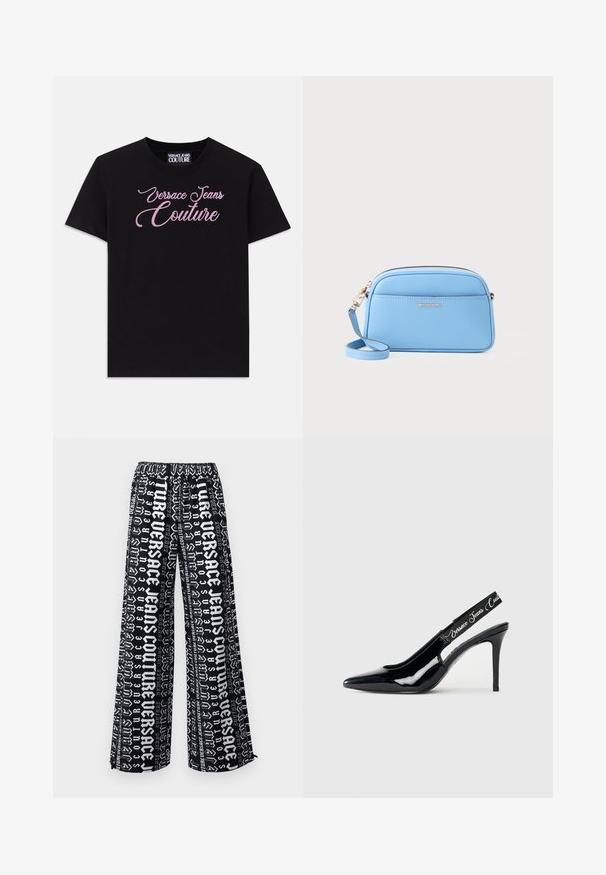 Tricou negru din bumbac cu mâneci scurte, având inscripția "Versace Jeans Couture" din pietre prețioase roz, evidențiată pe piept.; Pantaloni largi negri, cu un imprimeu grafic alb pe întreaga suprafață, în diverse stiluri și dimensiuni de text. Talie elastică, textură de țesătură moale.; Pantofii cu toc slingback din piele patent neagră, cu vârf ascuțit, prezentând o zonă decupată și o bandă elastică embosată cu numele brandului.; Geantă de umăr din piele albastru deschis, cu accente aurii, închidere cu fermoar și un buzunar frontal. Dispune de o curea ajustabilă pentru confort.