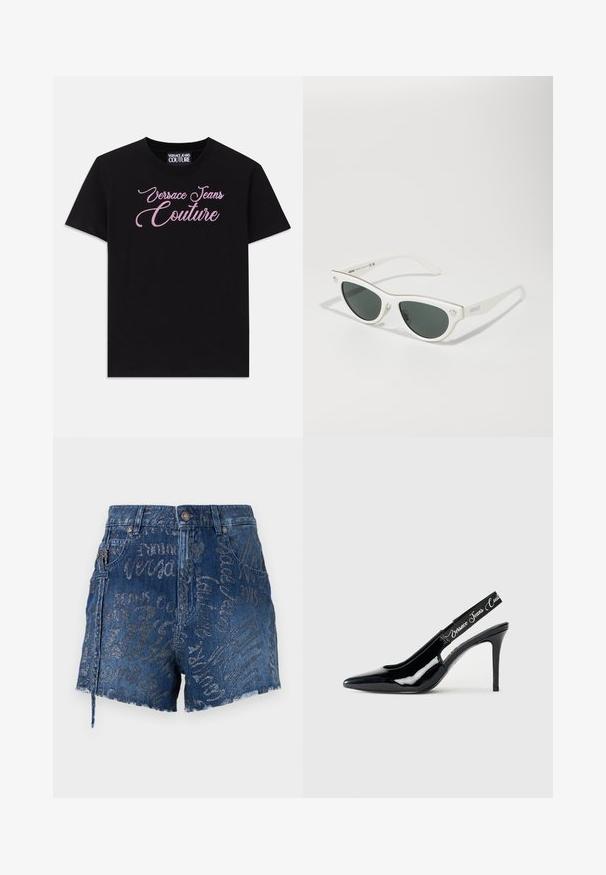 T-shirt de algodão preto com mangas curtas, apresentando o texto "Versace Jeans Couture" em strass rosa adornando o peito.; Versace Jeans Couture Calções de ganga - indigo; Salto slingback em pele envernizada preta com design de bico fino, apresentando uma seção recortada e uma correia elástica embutida com o nome da marca.; Óculos de sol brancos em formato de gato com lentes escuras, detalhes em dourado na armação e logotipo na lateral. Material plástico liso.