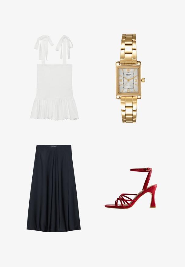 White smocked tank top with ruffled hem, featuring adjustable ties on shoulder straps. Smooth texture and lightweight fabric.; Black, knee-length skirt made of lightweight fabric with a flowy design. Features a smooth texture and subtle pleats for added detail.; Red high-heeled sandal with a sleek design, featuring crisscross straps, an ankle strap with a buckle, and a textured heel.; Gold-tone rectangular wristwatch with a white dial, silver-tone hour markers, and a durable metal link bracelet. Water-resistant feature included.