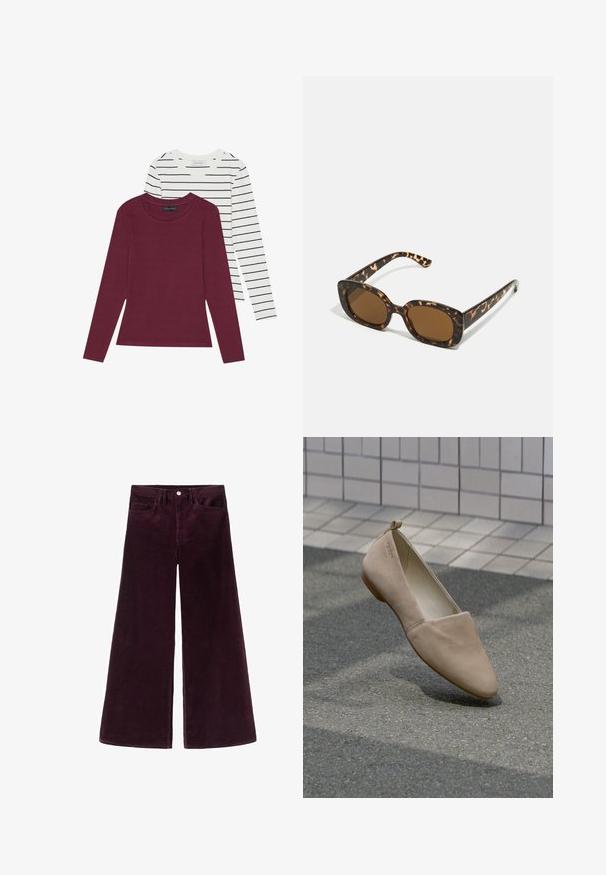 Two long-sleeved tops: one solid burgundy and one white striped with thin black lines. Both feature a crew neckline and soft fabric.; Wide-leg corduroy pants in deep burgundy, featuring a high waistband, button closure, and classic five-pocket design with ribbed texture.; Beige flat shoe made of soft material, featuring a pointed toe and minimalistic design. Includes a small heel and loop at the back.; Tortoiseshell sunglasses with a rounded, chunky frame and brown lenses. Features subtle patterns and straight, tapered arms.; Olive green leather handbag with a rounded shape, dual handles, and seamless front. Features a smooth texture and subtle stitching details.