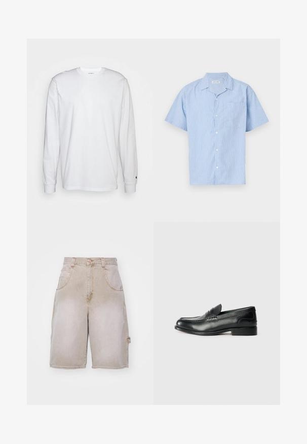 Valkoinen pitkähihainen t-paita, joka on valmistettu puuvillasta. Pyöreä kaula-aukko, jossa on resorikujat ja pieni logo vasemmassa hihassa. Tasainen pinta.; Lyhytnokkainen nappipaita vaaleansinisellä värillä, jossa on pystysuoria valkoisia raitoja. Siinä on kaulus ja vasemmalla rinnalla tasku. Pehmeä kangas.; Beige farkkushortsit rentoon istuukoilla, joissa on kaksi etutaskua ja yksi sivutasku, muotoiltu vyötärö ja kevyt kulutusdetail.; Mustat nahka loafersit, joissa on sileä pinta, ommeltu yksityiskohta vampin yli ja hieman kohotettu korko.