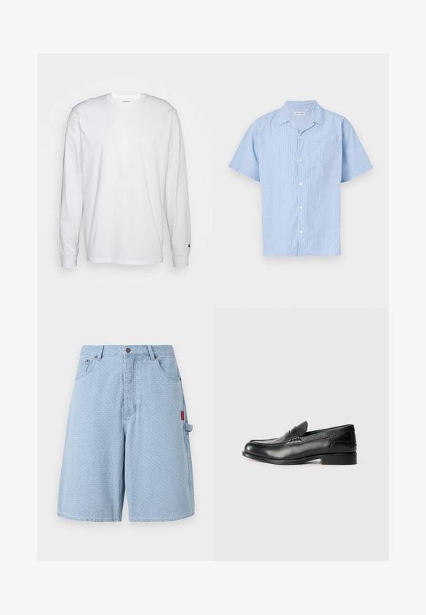 Fehér, hosszú ujjú, pamut póló. Kerek nyakú kialakítás, bordázott mandzsetták és egy kis logó a bal ujján. Simaság jellemzi.; Világoskék, rövid ujjú gombos ing, függőleges fehér csíkokkal. Gallérral és bal oldali mellzsebbel rendelkezik. Puha anyagú.; Világoskék farmer rövidnadrág, texturált mintával, két elülső zsebbe és egy oldalsó zsebbe piros címke részlettel.; Fekete bőr mokaszinok sima felülettel, varrott részletekkel a lábfej részen és kissé megemelt sarokkal.