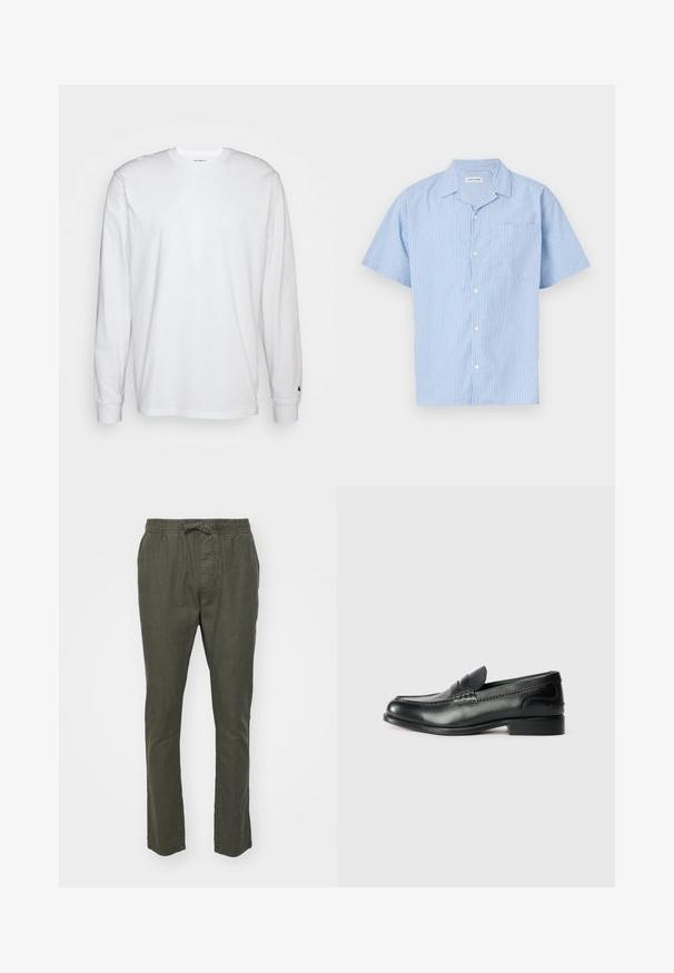 T-shirt blanc à manches longues en coton. Design à col rond avec des poignets côtelés et un petit logo sur la manche gauche. Texture lisse.; Chemise à manches courtes avec boutons de couleur bleu clair, ornée de rayures blanches verticales. Elle dispose d'un col et d'une poche sur la poitrine gauche. Tissu au toucher doux.; Pantalons tissés légers de couleur vert olive, dotés d'une taille élastique et d'un cordon de serrage. Coupe droite avec poches latérales et texture lisse.; Mocassins en cuir noir avec une finition lisse, des détails cousus sur le devant et un talon légèrement surélevé.
