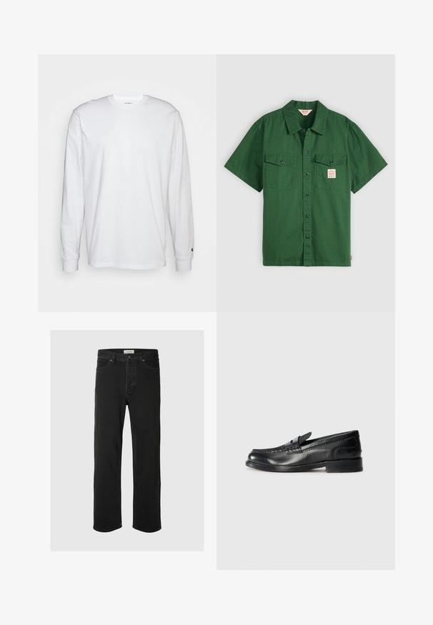 Fehér, hosszú ujjú, pamut póló. Kerek nyakú kialakítás, bordázott mandzsetták és egy kis logó a bal ujján. Simaság jellemzi.; Rövid ujjú zöld pamut ing gombos elől, két mellzsebbel és egy kis címkével a bal zsebben. Egyszerű, mintázat nélküli.; Fekete farmer egyenes szárú jezák klasszikus öt zsebes dizájnnal, gombos záródással, minimális varrással és puha tapintással rendelkezik.; Fekete bőr loaferek, díszvarrással a felsőrészen és dekoratív pánttal. Alacsony, rétegelt sarokkal és sima felülettel rendelkezik.