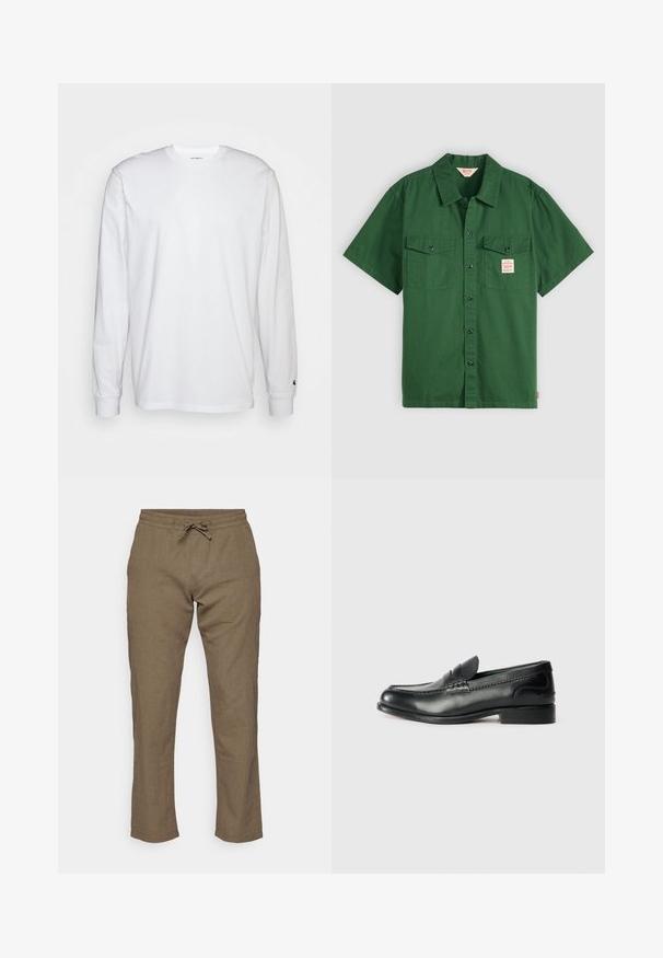 Hvit langermet T-skjorte laget av bomull. Rund hals-design med ribbestrikkede mansjetter og en liten logo på venstre erme. Glatt tekstur.; Kortermet grønn skjorte i bomull med knapplukking, to brystlommer og et lite merke på venstre lomme. Ensfarget, uten mønstre.; Jack & Jones JPSTKANE SUMMER JOGGER - Bukse - dusty olive; Sorte lærloafers med en glat overflade, syede detaljer over vamps og en let hævet hæl.