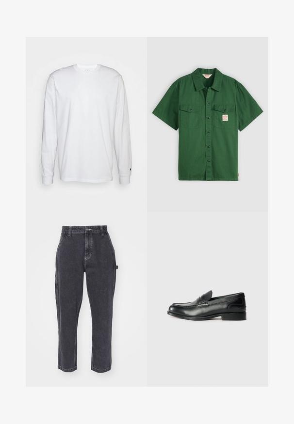 Bijela dugopruga majica s dugim rukavima od pamuka. Dizajn s okruglim izrezom, rebrastim manžetama i malim logotipom na lijevom rukavu. Glatka tekstura.; Zelena pamučna majica kratkih rukava s dugmadi sprijeda, dva džepa na prsima i malom oznakom na lijevom džepu. Jednostavna, bez uzoraka.; Tamno sivi traperice s ravnim nogavicama, s bočnim džepovima i kontrastnim šavovima.; Crne kožne mokasine s glatkom finisiranjem, šivanim detaljima duž gornjeg dijela i lagano povišenim petama.
