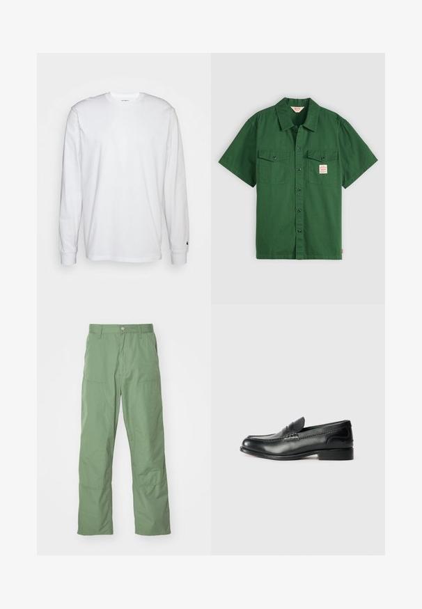Bela dolgimi rokavi majica iz bombaža. Oblika s krožnim izrezom z rebrastimi manšetami in majhnim logotipom na levi rokavu. Gladka tekstura.; Kratka zeleno bombažna srajca s kratkimi rokavi, gumbom spredaj, dvema žepoma na prsih ter majhno oznako na levem žepu. Enostavna, brez vzorcev.; Svetlozelene hlače sproščenega kroja z gladko teksturo, ki vključujejo stranske žepke in vidne šive. Polne dolžine z ravnim krojem.; Črni usnjeni loafersi z gladko površino, šivanim detajlom čez vamp in rahlo dvignjenim peto.
