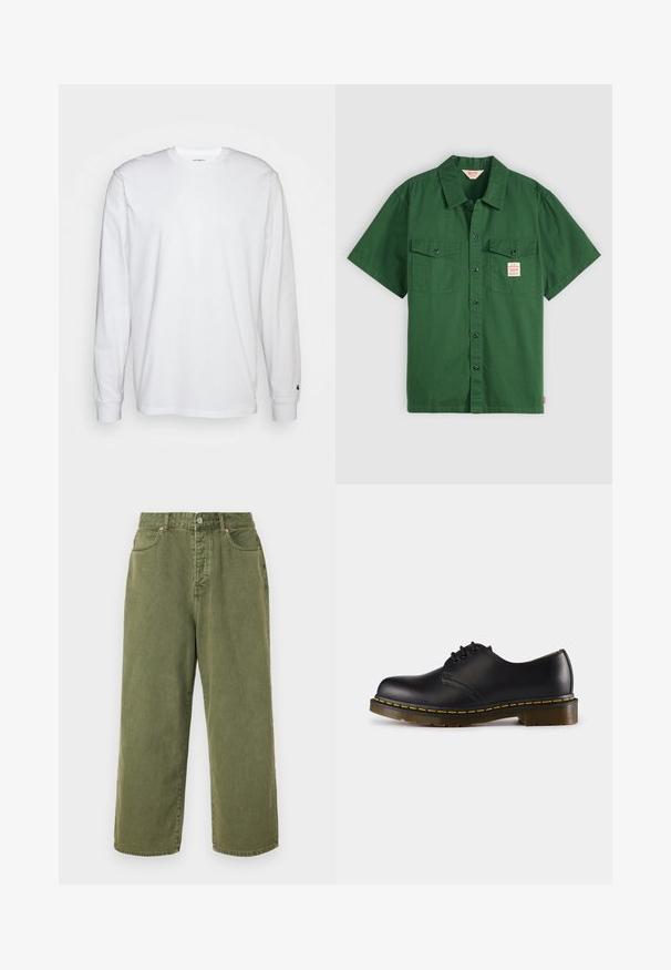 White long-sleeved T-shirt made of cotton. Crew neck design with ribbed cuffs and a small logo on the left sleeve. Smooth texture.; Short-sleeve green cotton shirt with button front, two chest pockets, and a small label on the left pocket. Plain, no patterns.; Olive green wide-leg jeans made of cotton, featuring a buttoned waistband and five-pocket design, with visible stitching on seams.; Black leather shoe with rounded toe, lace-up design, yellow stitching along the sole, and a chunky, textured rubber outsole.