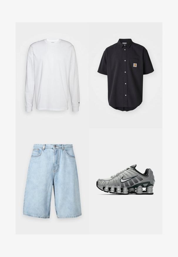 Fehér, hosszú ujjú, pamut póló. Kerek nyakú kialakítás, bordázott mandzsetták és egy kis logó a bal ujján. Simaság jellemzi.; Rövid ujjú, gombos ing texturált sötét tengeri színű anyagból, elöl egy négyzet alakú logóval ellátott zsebbe és fehér gombokkal.; Világoskék vászon rövidnadrág, laza összeállítással, két elülső zsebbel, cipzáras nyitóval és látható varrásokkal.; Szürke és fekete Nike futócipő, látható rugós párnázással a talp alatt és fehér swoosh logóval az oldalon.