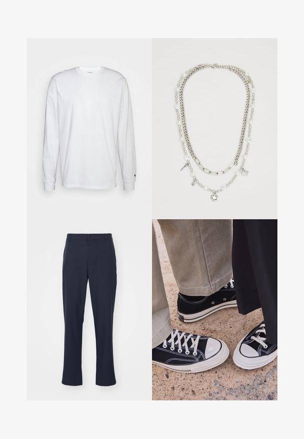 Tricou alb cu mâneci lungi, din bumbac. Design cu guler rotund, cu manșete ribbate și un logo mic pe mâneca stângă. Textură netedă.; Pantaloni tailoring de un albastru închis, confecționați dintr-un material din amestec de poliester. Prezintă închidere cu nasture, buzunare laterale și un design cu picior drept.; Adidași negri din pânză cu vârfuri din cauciuc alb și șireturi. Cusătura în contrast și ochiurile metalice adaugă detalii. Purtați cu pantaloni bej și o bluză din material negru.; Colier cu mai multe straturi, compus din lanțuri de argint și perle, cu pandantive, inclusiv chei și un pandantiv pătrat. Textură netedă cu finisaj lucios.