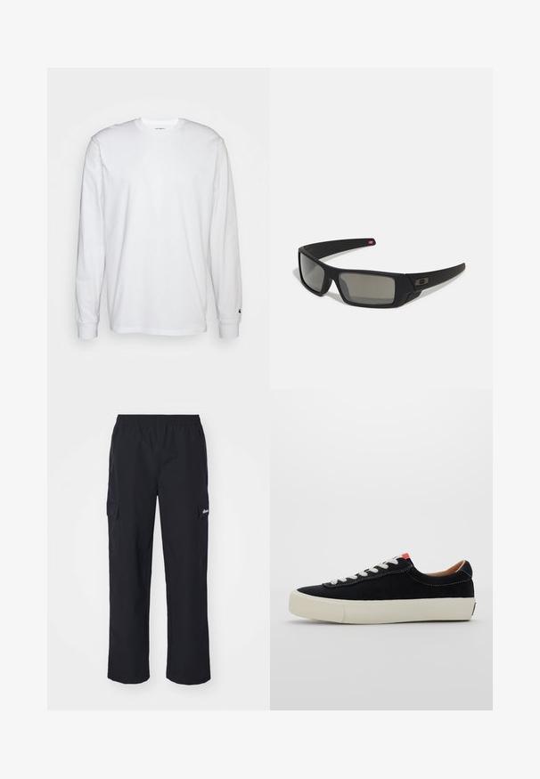 Bela dolgimi rokavi majica iz bombaža. Oblika s krožnim izrezom z rebrastimi manšetami in majhnim logotipom na levi rokavu. Gladka tekstura.; Ellesse TERATILO - Hlačami s stranskimi žepi - black; Črni platneni športni copat z belimi vezalkami, bež gumijastim podplatom in rdečim poudarkom na peti. Okrogla konica in minimalni detajli šivanja.; Crne sončne naočale s mat površinom, pravokutne leće, blagi luk na sljepilima, diskretna oznaka i leće sa dimnim nijansama.