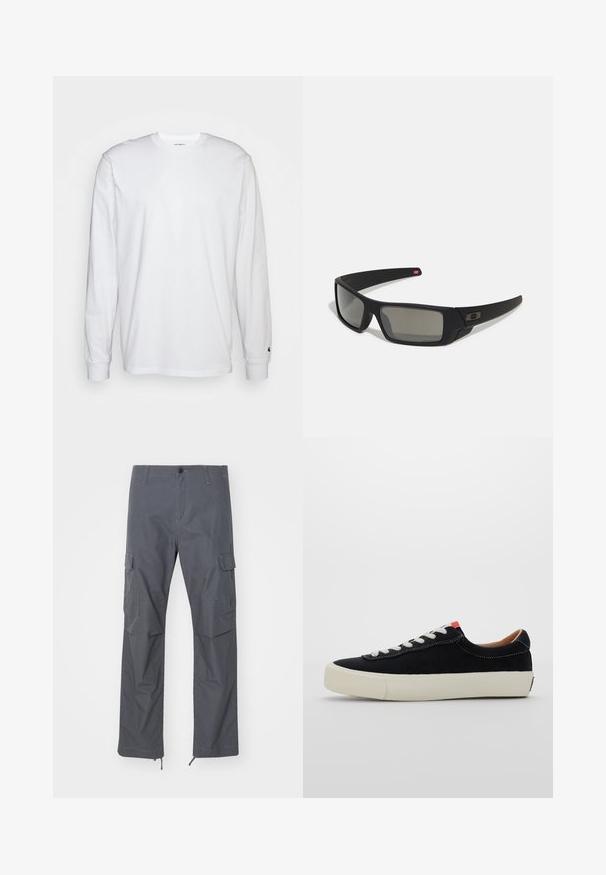 Weißes Langarm-T-Shirt aus Baumwolle. Rundhals-Design mit gerippten Bündchen und kleinem Logo auf dem linken Ärmel. Glatte Textur.; Graue Cargo-Hose mit gerader Passform, mehreren Taschen, Knopfverschluss und verstellbaren Bündchen am Saum. Hergestellt aus strapazierfähigem, leichtem Material.; Schwarze Stoffturnschuhe mit weißen Schnürsenkeln, beigem Gummisohle und rotem Akzent an der Ferse. Runde Zehenform und minimale Nähdetails.; Schwarze Sonnenbrille mit matter Oberfläche, rechteckigen Gläsern, leichtem Bogen an den Schläfen, dezentem Logo-Detail und rauchgetönten Gläsern.
