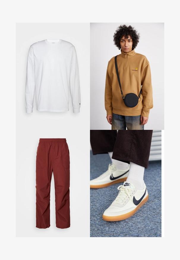 T-shirt blanc à manches longues en coton. Design à col rond avec des poignets côtelés et un petit logo sur la manche gauche. Texture lisse.; Pantalons légers rouges à taille élastique avec deux poches latérales, jambes larges et texture lisse. Idéaux pour une utilisation décontractée ou active.; Baskets Nike en cuir blanc avec un swoosh bleu marine, dotées d'une semelle en caoutchouc nature et de lacets blancs, accompagnées de chaussettes blanches et d'un pantalon en velours côtelé sombre.; Sweat-shirt en polaire marron à demi-fermeture éclair avec logo brodé, portant un sac en bandoulière noir avec fermeture éclair et détail de logo, porté sur un jean.