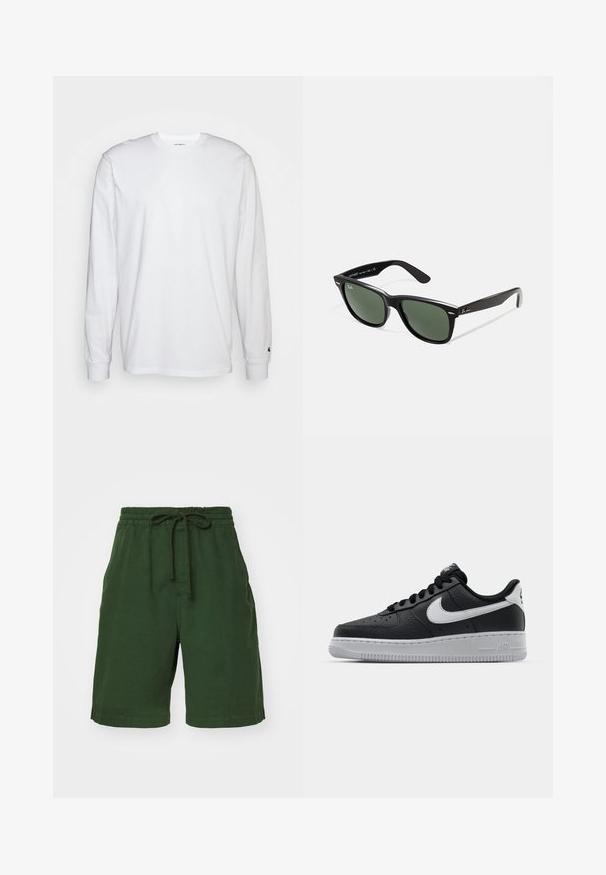 Weißes Langarm-T-Shirt aus Baumwolle. Rundhals-Design mit gerippten Bündchen und kleinem Logo auf dem linken Ärmel. Glatte Textur.; Grüne Baumwollshorts mit elastischem Bund und verstellbarem Kordelzug. Verfügt über Seitentaschen und einen lockeren Schnitt. Glatte Textur.; Schwarze Ledersneaker mit strukturierten Oberflächen, weißem Nike-Swoosh, grauer Sohle, runder Zehenpartie und Schnürdesign. Verfügt über Perforationen an der Zehenbox.; Schwarze Plastiksonnenbrille mit grünen Gläsern, quadratischen Rahmen, silbernem Akzent auf der Augenbraue und strukturierten Bügeln. Angegebene Marke auf dem inneren Bügel.