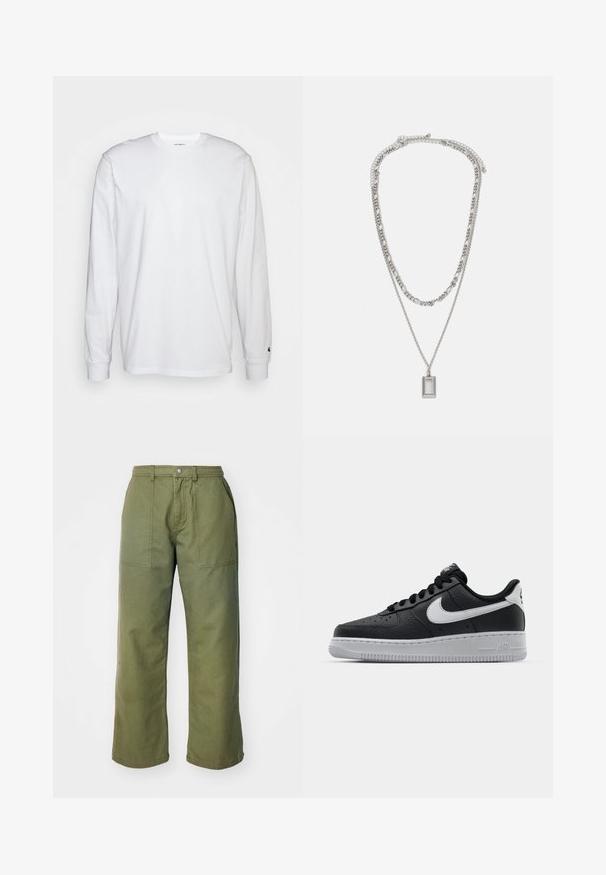 White long-sleeved T-shirt made of cotton. Crew neck design with ribbed cuffs and a small logo on the left sleeve. Smooth texture.; Olive green wide-leg pants made of sturdy fabric, featuring a zipper fly, front pockets, and simple stitching details.; Black leather sneaker with textured surface, white Nike swoosh, gray sole, round toe, and lace-up design. Features perforations on toe box.; Silver necklace with two layered chains; features a rectangular pendant with a smooth surface, showcasing a polished metal finish.