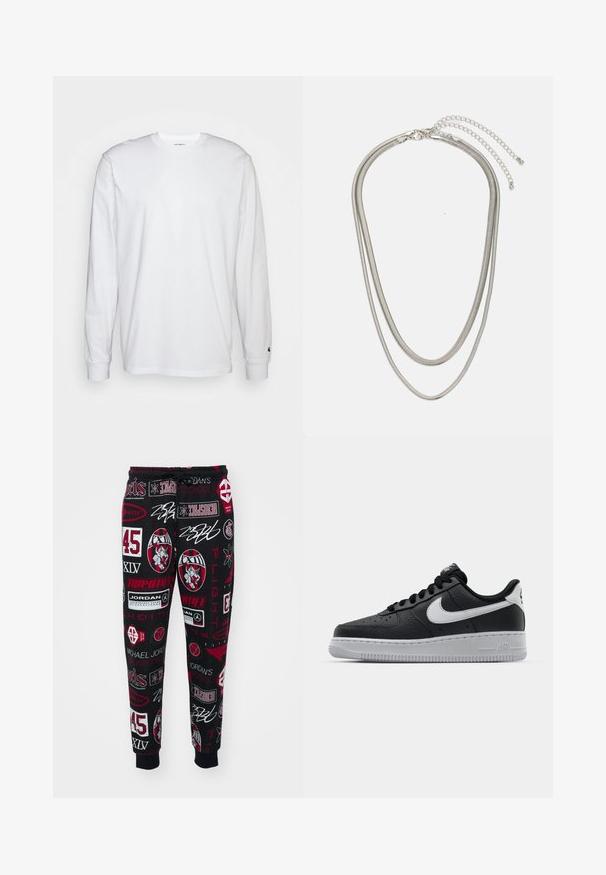Witte lange mouwen T-shirt van katoen. Ronde hals ontwerp met ribgebreide manchetten en een klein logo op de linkermouw. Gladde textuur.; Zwarte trainingsbroek met een mix van rode en witte grafische prints, waaronder logo's en cijfers, met elastische boorden en een trekkoord in de taille.; Zwarte lederen sneaker met een textuur oppervlak, witte Nike swoosh, grijze zool, ronde neus en vetersluiting. Bevat perforaties op de neus.; Driedelige zilveren metalen halsketting met slanke, flexibele kettingen met een lichte glans, beveiligd met een karabijnhaak en een verstelbare ketting.
