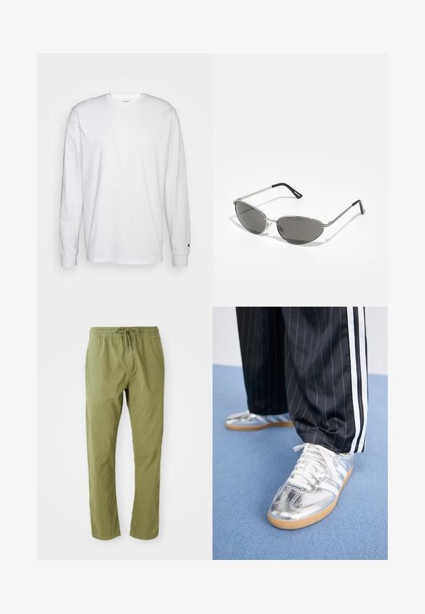 Witte lange mouwen T-shirt van katoen. Ronde hals ontwerp met ribgebreide manchetten en een klein logo op de linkermouw. Gladde textuur.; Olijfgroene relaxed fit broek met een elastische tailleband en trekkoord. Gemaakt van zachte stof met een gladde textuur en rechte pijpen.; Metalen zilveren sneakers met witte veters en drie witte strepen, gecombineerd met zwarte streepd pants. Gumaansluiting accent aan de onderkant.; Zonnebril met een slank, zilveren metalen frame, grijs getinte lenzen en een aerodynamisch ontwerp met puntige randen en dunne pootjes.; Zwarte gewatteerde tote bag met een grote opening, gebogen vormen op het oppervlak en een label met gele en witte tekst aan de voorkant.; Set van zeven zilveren ringen met verschillende ontwerpen, waaronder gedraaide, verbonden en gegraveerde patronen. Verschillende vormen en breedtes.