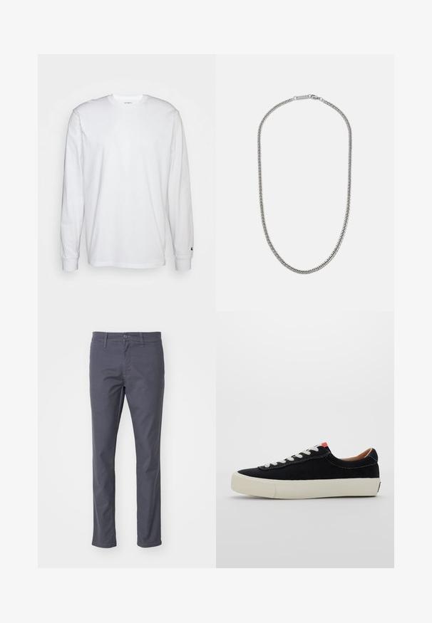 Balta, ilga rankovė T-maiša, pagaminta iš medvilnės. Apvalios iškirptės dizainas su raukiniais ant rankovių ir nedidelis logotipas ant kairės rankovės. Glotni tekstūra.; Tamsiai pilki chinosai, pagaminti iš medvilnės mišinio. Yra sagtys ir užtrauktukas, diržo kilpos ir tiesios kojos dizainas.; Juodas audinio sportbačių modelis su baltais raišteliais, smėlio spalvos guminiu padu ir raudona akcentu kulne. Apvalus kojų pirštų dizainas ir minimalus siuvimo detalizavimas.; Sidabrinės metalinės grandinėlės kaklo papuošalas, turintis plokščią jungčių dizainą, lygią tekstūrą ir užsegimą su prekės ženklo etiketė.