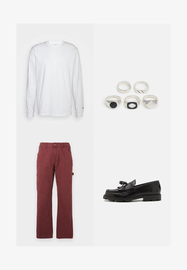 Balta, ilga rankovė T-maiša, pagaminta iš medvilnės. Apvalios iškirptės dizainas su raukiniais ant rankovių ir nedidelis logotipas ant kairės rankovės. Glotni tekstūra.; Vyriški tiesių kojų darbo kelnės tamsiai raudonos spalvos su priekinėmis kišenėmis, diržo kilpomis, mygtuku, užtrauktuku ir šonine naudingumo kilpa.; Juodas odinis loferis su mokesinų dizainu, turintis dekoratyvinę frinžą ir kutą, tekstūruotą paviršių ir storą gumos pado dalį.; Penki sidabro žiedai: vienas su juodu apvaliu akcentu, vienas su baltai-juodu geometriniu raštu, o kiti su įvairiomis formomis ir apdailomis.