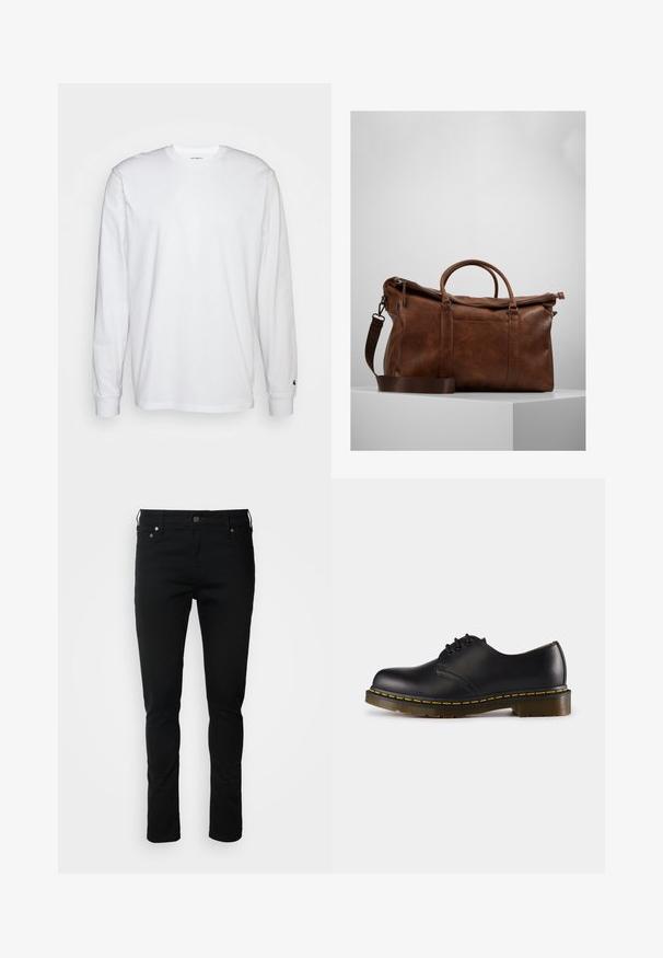 Balta, ilga rankovė T-maiša, pagaminta iš medvilnės. Apvalios iškirptės dizainas su raukiniais ant rankovių ir nedidelis logotipas ant kairės rankovės. Glotni tekstūra.; Juodi džinsai su siauru siluetu, turintys užtrauktuką, diržo kilpas ir šonines kišenes. Lygi tekstūra, minimalus detalizavimas, klasikinis dizainas.; Juodos odinės batai su apvaliu pirštu, su raišteliais, geltonu siūliniu aplink padą ir masyviu, tekstūruotu guminiu padu.; Ruda odinė sportinė kuprinė su užtrauktuku, dviem rankenomis, reguliuojamu peties diržu ir matomais tekstūros raštais paviršiuje.