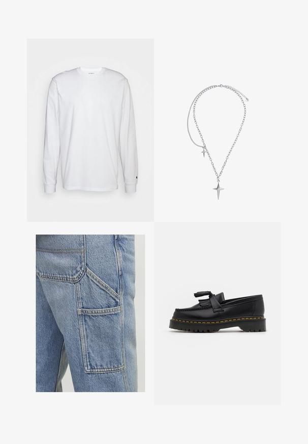 Biała, długospełna koszulka wykonana z bawełny. Klasyczny krój z okrągłym dekoltem, ściągaczami na rękawach oraz małym logiem na lewym rękawie. Gładka tekstura.; Jasnoniebieskie spodnie dżinsowe cargo mają dużą kieszeń boczną, subtelne akcenty szwowe oraz luźny krój z lekko teksturowanym wykończeniem.; Czarny skórzany mokasyn z frędzelkowymi akcentami, z masywną czarną podeszwą i żółtym przeszyciem wzdłuż krawędzi. Teksturowane wykończenie.; Heideman LUCA srebrny