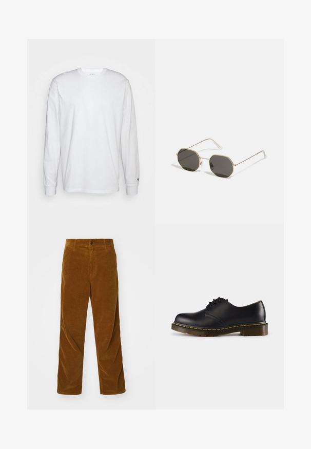 Valkoinen pitkähihainen t-paita, joka on valmistettu puuvillasta. Pyöreä kaula-aukko, jossa on resorikujat ja pieni logo vasemmassa hihassa. Tasainen pinta.; Carhartt WIP SINGLE KNEE PANT - Housut - deep brown rinsed; Musta nahkakenkä, jossa on pyöreä kärki, nauhakiinnitys, keltainen päällinen pohjan ympärillä ja tukeva, teksturoitu kumipohja.; Pier One UNISEX - Aurinkolasit - gold-coloured/black