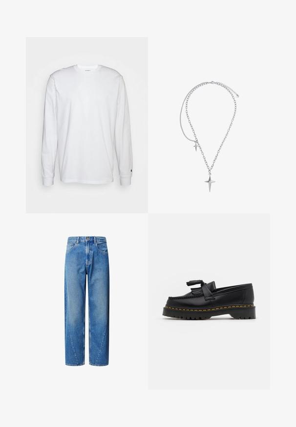 Valkoinen pitkähihainen t-paita, joka on valmistettu puuvillasta. Pyöreä kaula-aukko, jossa on resorikujat ja pieni logo vasemmassa hihassa. Tasainen pinta.; Vaaleansiniset farkut, joissa on korkea vyötärö, leveä lahje ja viistot saumat. Varustettu viidellä taskulla ja napitus.; Musta nahkakengät, joissa on tupsuakkentti, paksu musta pohja ja keltainen ommel reunassa. Rakeinen pinta.; Heideman LUCA - Kaulakoru - silberfarben poliert