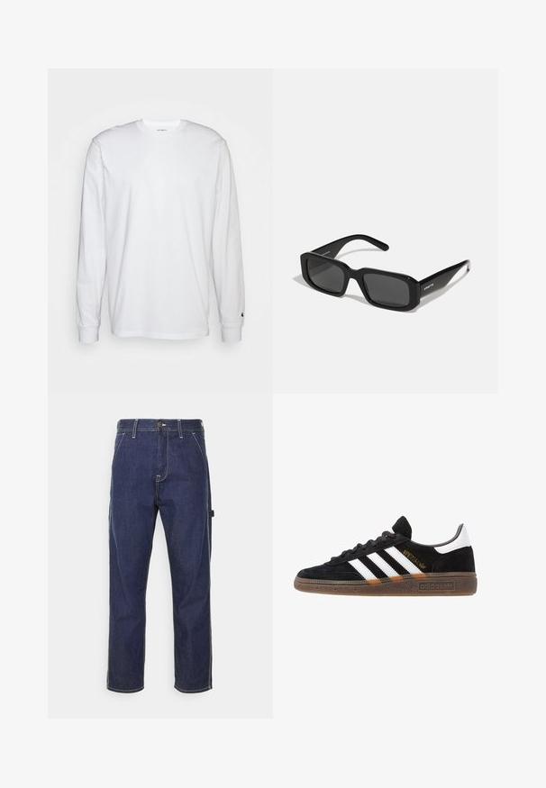 Bijela dugopruga majica s dugim rukavima od pamuka. Dizajn s okruglim izrezom, rebrastim manžetama i malim logotipom na lijevom rukavu. Glatka tekstura.; Tamno plavi traper cargo hlače s žutim šavovima, bočnim džepovima i ravnim krojem. Sadrže kopčanje na dugme i patentni zatvarač.; Crni Adidas tenisice s bijelim prugama, zlatnim natpisom "Spezial", gumeni potplat i bijeli oznaka na peti, prikazane u bočnom pogledu.; Arnette THEKIDD UNISEX - Sunčane naočale - black; Crna crossbody torba s zatvorenim džepom, pravokutnog oblika, izrađena od tkanine, s logom na prednjoj strani, podesivim remenom za rame.; Bijela biserna ogrlica s uniformnim okruglim oblikom, glatkom površinom i metalnom kopčom s produžnom lancem za podesivu duljinu.
