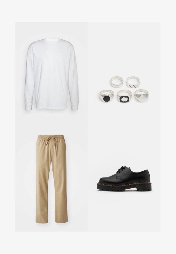 Camiseta blanca de manga larga hecha de algodón. Diseño de cuello redondo con puños acanalados y un pequeño logo en la manga izquierda. Textura suave.; Pantalones de color beige claro con cintura elástica y cordón. Fabricados en tejido suave, con piernas rectas y una textura lisa.; Zapato negro de cuero con cordones, punta redondeada, suela de goma texturizada y costuras amarillas alrededor de la base. Diseño plano y acabado suave.; Cinco anillos de plata: uno con un detalle circular negro, uno con un patrón geométrico en blanco y negro, y otros con diversas formas y acabados.