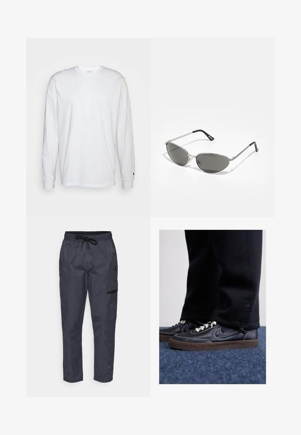 Camiseta blanca de manga larga hecha de algodón. Diseño de cuello redondo con puños acanalados y un pequeño logo en la manga izquierda. Textura suave.; Pantalones cargo ligeros de color gris oscuro, con cintura elástica, cordón, bolsillo lateral y detalle del logotipo bordado. Textura suave.; Nike Sportswear KILLSHOT 2 LTR PRM OPP2 - Zapatillas - black sail baroque brown mtlc dk grey; Gafas de sol con un elegante marco de metal plateado, lentes tintados de color gris y un diseño aerodinámico que presenta bordes puntiagudos y patas delgadas.