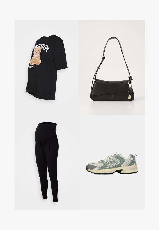 Tricou de maternitate din bumbac negru, cu mâneci scurte, având un grafic cu două urși de pluș și textul „Mama & Mini” în alb. Terminatie rotunjită.; Pantaloni de maternitate negri din jerseu, cu talie elastică, detalii cu șnur și picioare taperate. Construiți dintr-o țesătură moale și flexibilă pentru confort.; Adidași New Balance alb și verde deschis, confecționați dintr-un material textil cu plasă, cu talpă bej și cusătură neagră, prezentați din lateral pe un fundal simplu.; Geantă de mână din piele neagră, cu un design curbat, curea subțire pentru umăr, accesorii din aur și un accent împletit pe curea. Textură netedă.