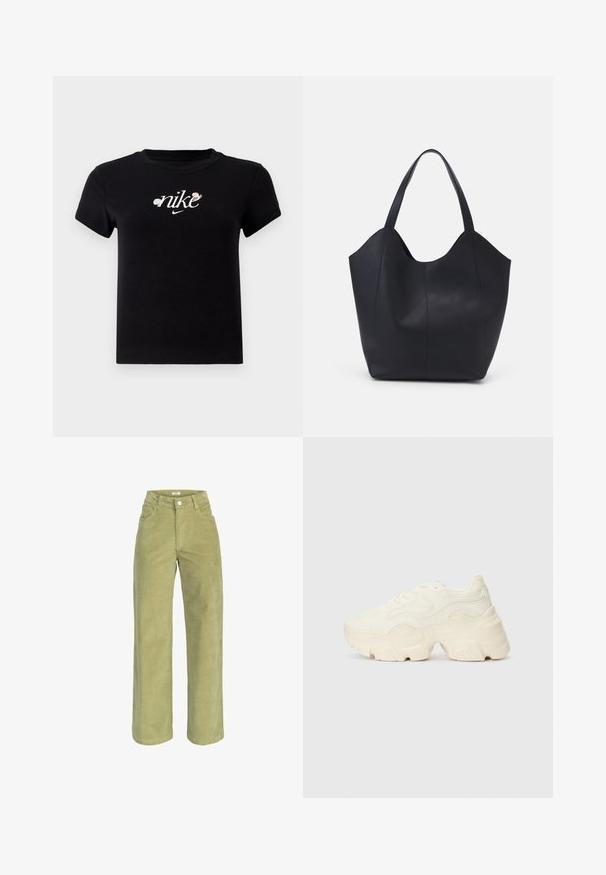 Zwarte katoenen t-shirt met een ronde hals, korte mouwen en een witte "nike"-logo versierd met bloemenaccenten in het midden.; Groene corduroy wijde broek met hoge taille, voorzien van voorzakken en een knoopsluiting aan de voorkant, met een zachte textuur en gestructureerde vorm.; Chunky witte sneakers gemaakt van geperforeerd mesh en synthetische materialen, met een dikke zool en ingewikkelde patroon details aan de zijkanten.; Zwarte tote tas van glad leer, met een gebogen, open bovenkant en twee schouderbanden, en een minimalistisch ontwerp.