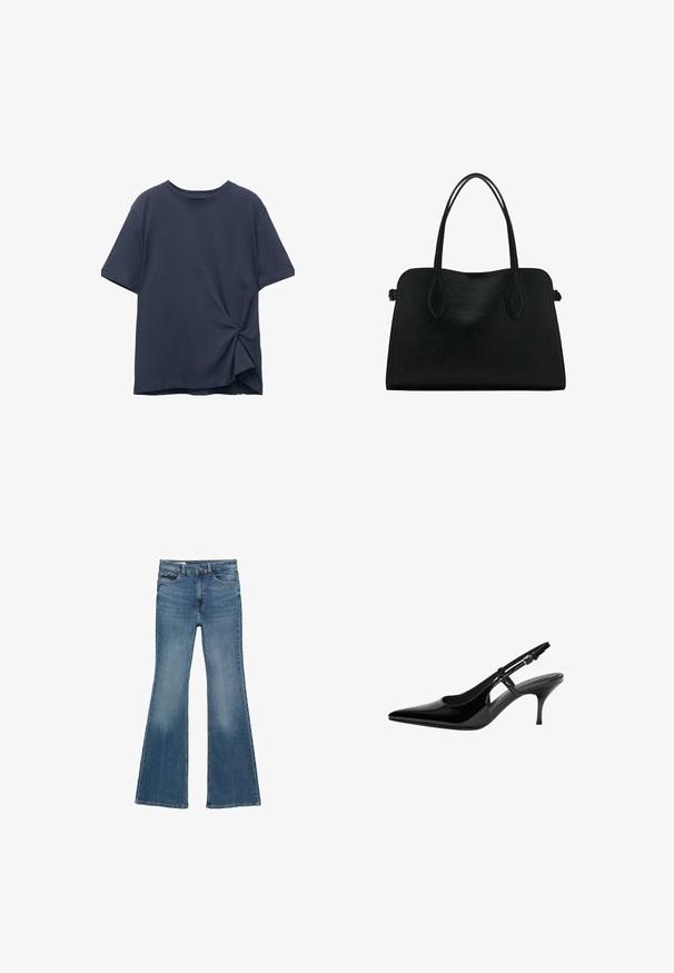 Navyblauw T-shirt met korte mouwen van katoen; heeft een gedraaide knoopdetail aan de zijkant, een ronde halslijn en een ontspannen pasvorm.; Uitgebreide jeans in middelblauw denim. Heeft een hoge taille, vijf zakken, lichte vervaging en een gestikte zoom.; Zwarte gepatenteerde leren slingback pump met puntige neus, open zijuitsparingen, slanke hak en verstelbare enkelband.; Zwarte leren handtas met dubbele schouderriemen, rechthoekige vorm en minimalistisch ontwerp op een witte achtergrond.