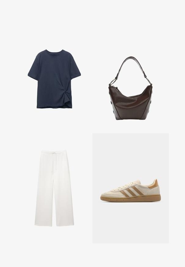 Navyblaues Kurzarm-T-Shirt aus Baumwolle; verfügt über ein gedrehtes Knotendetail an der Seite, einen runden Halsausschnitt und eine lockere Passform.; Lockere weiße Schlaghosen mit einem elastischen Bund und Kordelzug, entworfen für Freizeitlooks.; Beige Wildledersneaker mit hellbraunen Akzenten. Verfügt über drei braune Streifen, eine strukturierte Gummisohle und ein rundes Zehendesign.; Dunkelbraune Lederhandtasche mit geschwungener Form, Reißverschlussverschluss und kurzem Griff. Sie verfügt über Metallbeschläge und dekorative schwarze Knöpfe an der Seite.