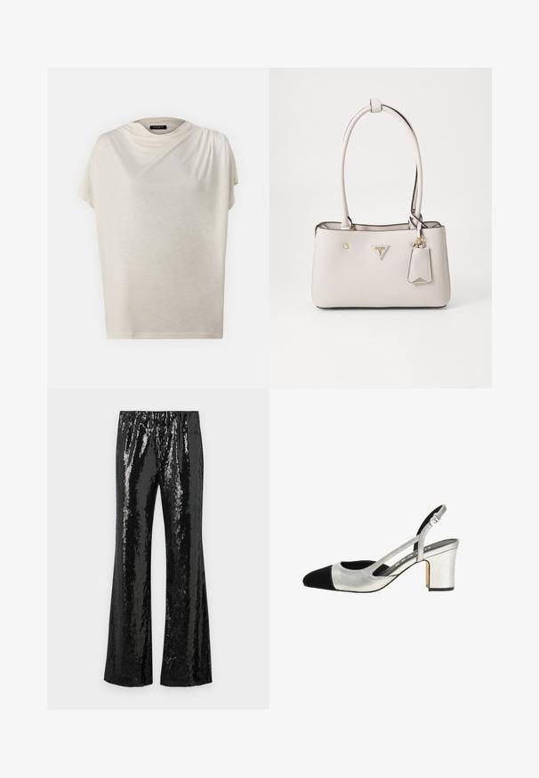 Světle slonovinová krátká halenka, s volným výstřihem, z měkké tkaniny, uvolněného střihu a hladké struktury s minimálním počtem švů a akcentů.; Černé flitrové kalhoty s rozšířeným střihem, které mají elastický pas a lesklou texturu odrážející světlo. Vertikální vzor flitrov.; Stříbrné slingback lodičky s černou špici, texturovaným svrškem a blokovým podpatkem. Obsahují vykrojené boky a nastavitelné pásky pro lepší uchycení.; Béžová kabelka z umělé kůže s hladkým povrchem, dvojitými popruhy na rameno, zlatými doplňky, logem a připojenou etiketou.