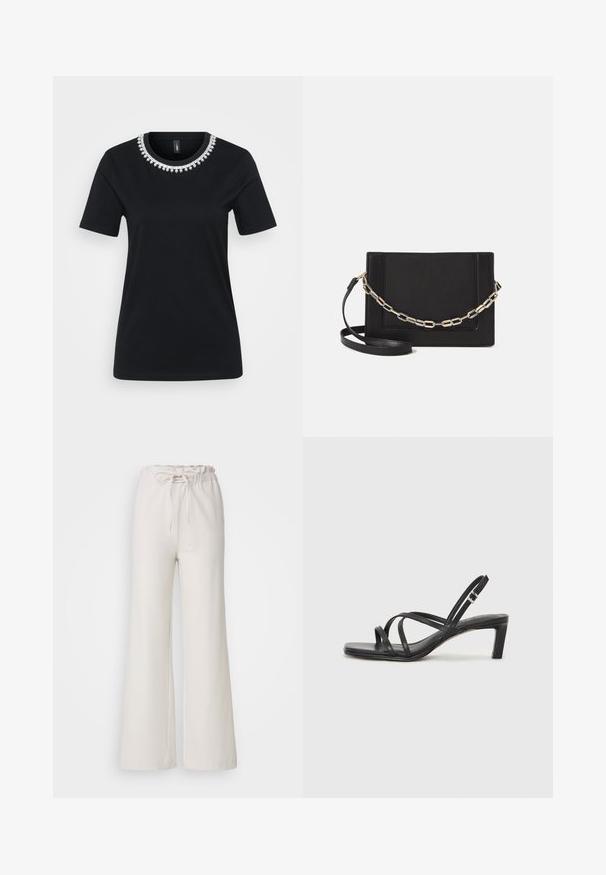 Zwarte t-shirt met korte mouwen, voorzien van een decoratieve parelboord bij de hals. Gemaakt van zachte stof met een normale pasvorm en een ronde zoom.; Lichtbeige wijde broek met een elastische tailleband en een verstelbare strik. Gemaakt van een gladde stof; heeft een eenvoudig, onversierd ontwerp.; Zwarte sandaal met bandjes, vierkante teen en een lage blokhak. Voorzien van meerdere dunne bandjes en een verstelbare enkelband. Gemaakt van zacht leer.; Zwarte leren schoudertas met een gladde textuur, rechthoekige vorm en een metallic kettingdetail aan de voorkant. Verstelbare schouderband inbegrepen.
